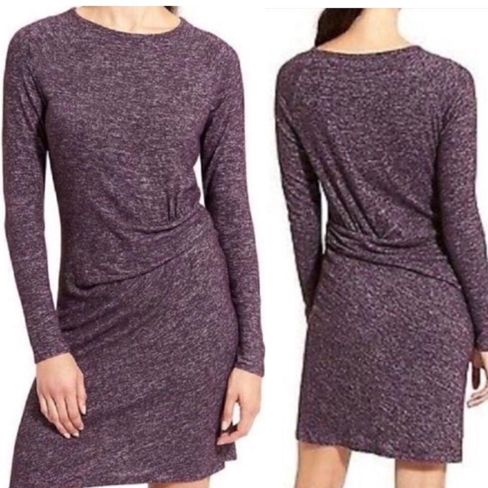 Athleta- Solitude Gathered Long Sleeve Wrap Knit Dress Purple, Size Large Petite